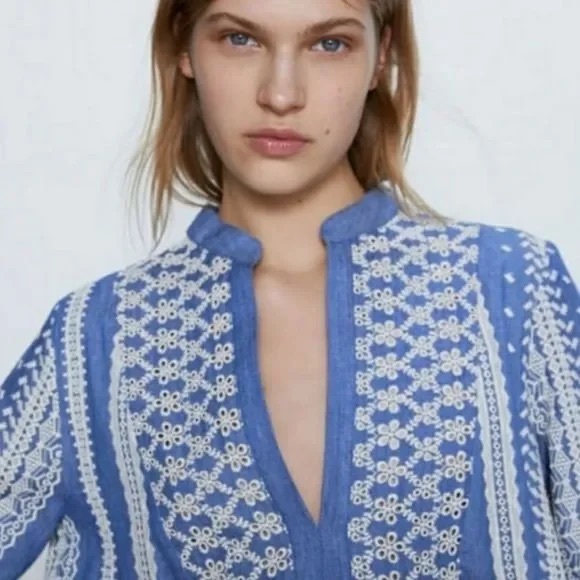 Zara Embroidered Eyelet Chambray Tunic Peasant Mini Dress - Picture 4 of 14